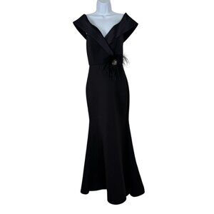 Eliza J Black Formal Gown Size 4 Feather Beading Elegant Black Tie Collar Party